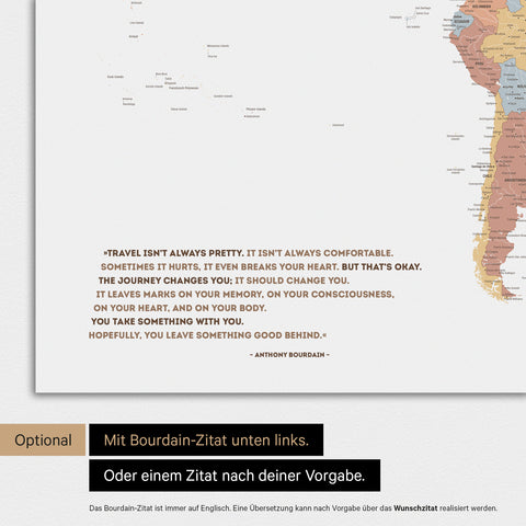 Magnetische Weltkarte in Multicolor Sienna mit eingedrucktem Zitat von Anthony Bourdain