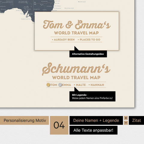 Magnetboard Weltkarte in Multicolor Navy Light mit Personalisierung als Logo mit Familiennamen