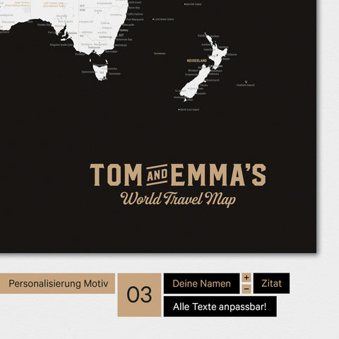 Magnetboard Weltkarte in Schwarz-Weiss mit Personalisierung als Logo mit Familiennamen