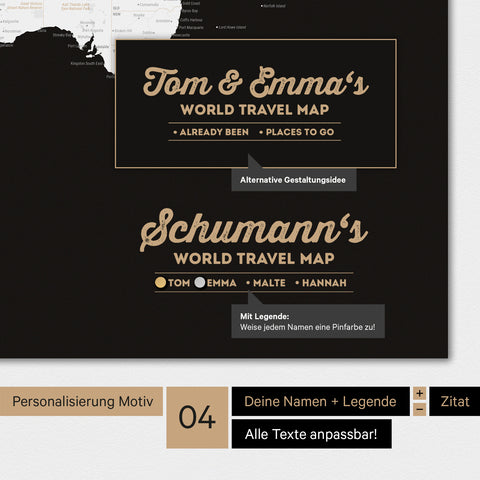 Weltkarte Magnetboard in der Farbe Schwarz-Weiss mit Personalisierung als Logo im Vintage-Look