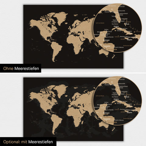 Weltkarte-Magnetboard in Multicolor Sonar Black (Schwarz-Gold) mit zweidimensionalen Meerestiefen