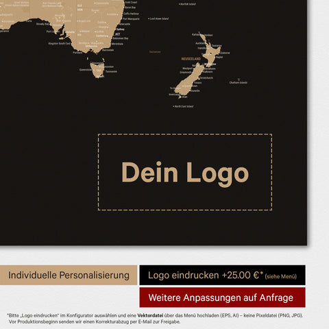 Weltkarte als Magnettafel in Multicolor Sonar Black (Schwarz-Gold) mit Eindruck eines Firmenlogos