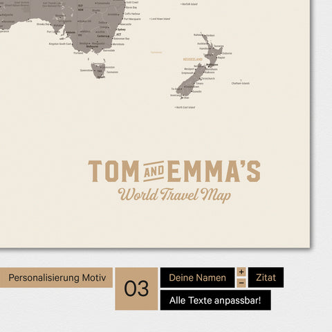 Weltkarte Magnetboard in der Farbe Warmgray (Braun-Grau) mit Personalisierung als Logo im Vintage-Look