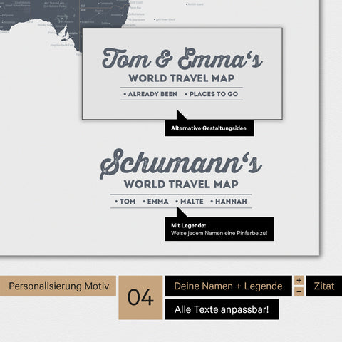 Magnetische Weltkarte in Denim Blue mit Personalisierung als Logo mit Familiennamen