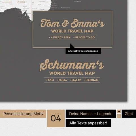 Magnetische Weltkarte in Dunkelgrau mit Personalisierung als Logo mit Familiennamen