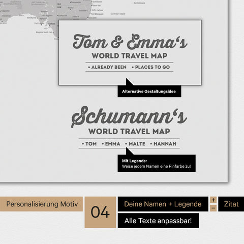 Magnetische Weltkarte in Hellgrau mit Personalisierung als Logo mit Familiennamen