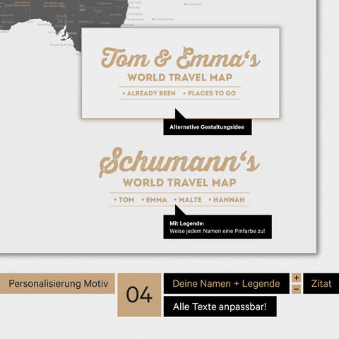 Magnetische Weltkarte in Light Gray mit Personalisierung als Logo mit Familiennamen
