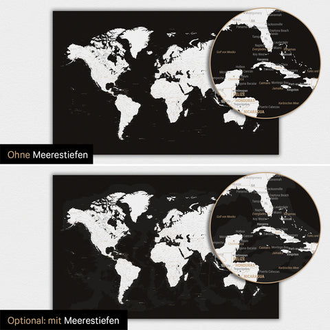 Carte du monde TRAVEL® Poster magnétique – Noir foncé (Noir et blanc)