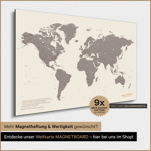 Carte du monde TRAVEL® Poster magnétique – Gris chaud (Brun-Gris)