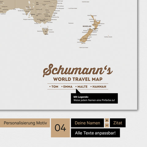 World map in multicolor beige with personalization as a family logo