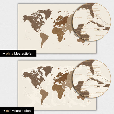 Carte du monde en couleur multicolore marron avec profondeurs marines bidimensionnelles