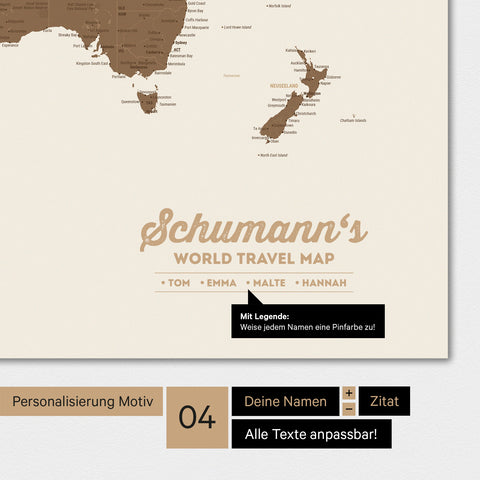 Carte du monde en couleur multicolore marron avec personnalisation en logo familial