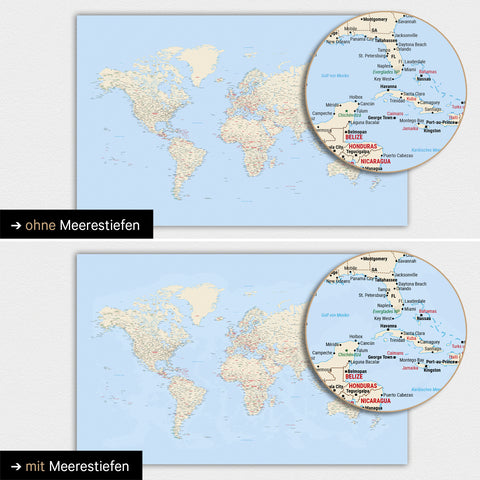 Carte du monde en couleur Multicolor Classic avec profondeurs marines bidimensionnelles
