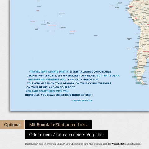 Carte du monde en couleur Multicolore Classique avec une citation imprimée d'Anthony Bourdain, qui peut être remplacée par n'importe quelle autre citation lors d'une personnalisation