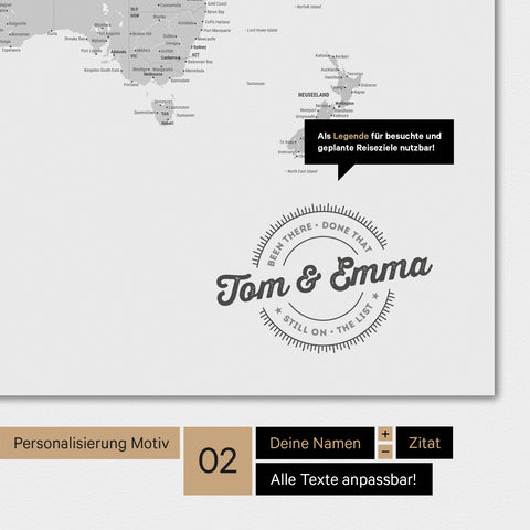 Alternative designs for personalization with your name on a world map in multicolor gray