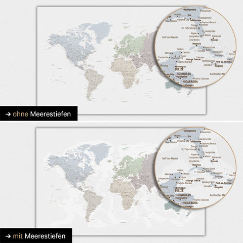 Carte du monde en couleur Multicolor Light avec profondeurs marines bidimensionnelles