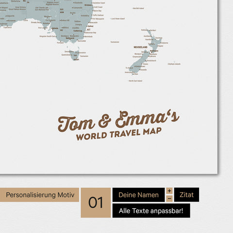 Personalized world map in multicolor light with your name printed on it