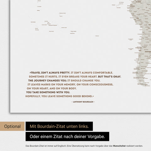 World map in multicolor light with an embossed quote from Anthony Bourdain, which can be replaced with any other quote during personalization