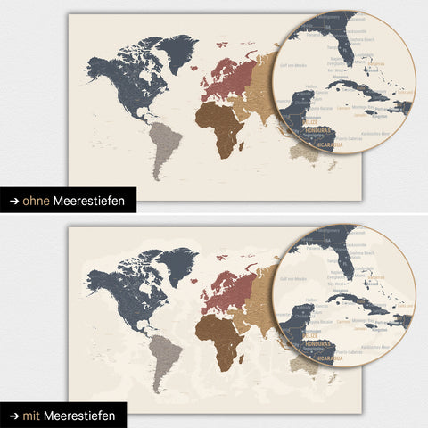 World map in multicolor matte with two-dimensional sea depths
