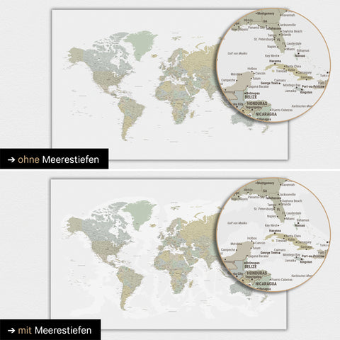 World map in multicolor sage with two-dimensional sea depths