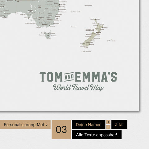 World map in multicolor sage with a vintage logo as modern personalization