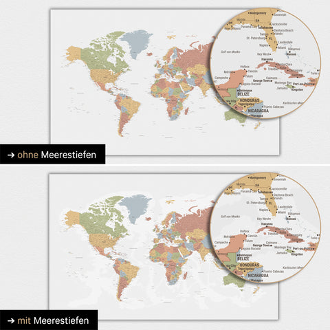 World map in multicolor sienna with two-dimensional sea depths