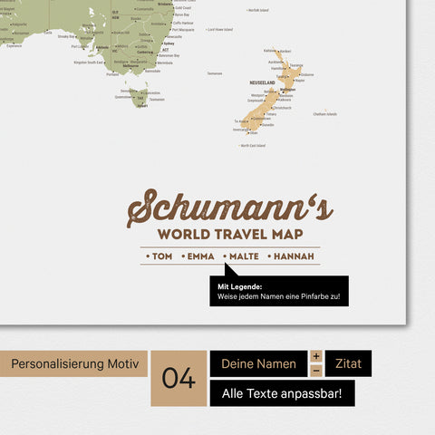 World map in multicolor sienna with personalization as family logo