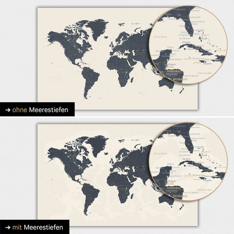 Carte du monde en couleur Navy Light avec profondeurs marines bidimensionnelles