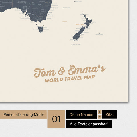 Carte du monde personnalisée en couleur Navy Light avec ton nom imprimé
