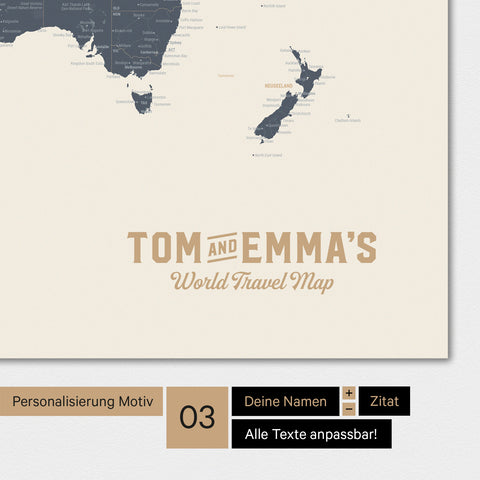 Carte du monde en couleur Navy Light avec un logo vintage comme personnalisation moderne