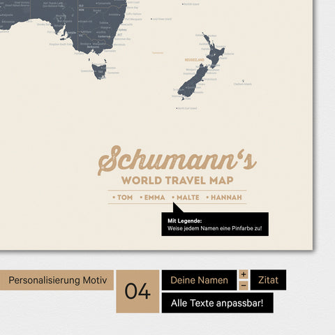 Carte du monde en couleur Navy Light avec personnalisation en tant que logo familial