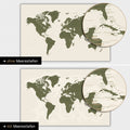 Carte du monde en couleur vert olive avec profondeurs marines en deux dimensions