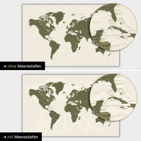 Carte du monde en couleur vert olive avec profondeurs marines en deux dimensions