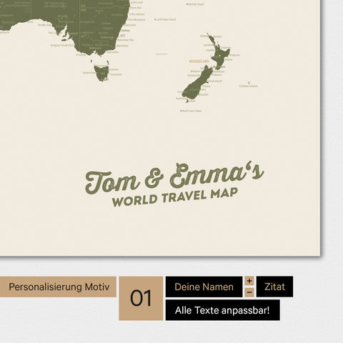Carte du monde personnalisée en couleur Olive Green avec ton nom imprimé