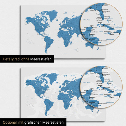 Weltkarte in Blau mit zweidimensionalen Meerestiefen