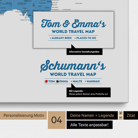 Pinnwand Leinwand einer Weltkarte in Blau mit Personalisierung als Logo mit Familiennamen und Legende