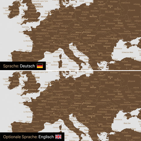 Vergleich einer Weltkarte Leinwand in Braun in deutscher oder optional in englischer Sprache