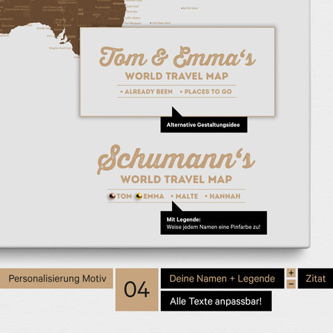 Pinnwand Leinwand einer Weltkarte in Braun mit Personalisierung als Logo mit Familiennamen und Legende
