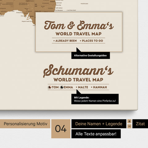 Pinnwand Leinwand einer Weltkarte in Bronze mit Personalisierung als Logo mit Familiennamen und Legende