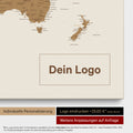 Weltkarte als Pinn-Leinwand in Bronze, auf die ein Firmenlogo eingedruckt werden kann und weitere Individualisierungen als Sonderanfertigung vorgenommen werden können