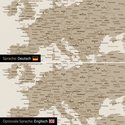 Vergleich einer Weltkarte Leinwand in Desert Sand (Beige) in deutscher oder optional in englischer Sprache