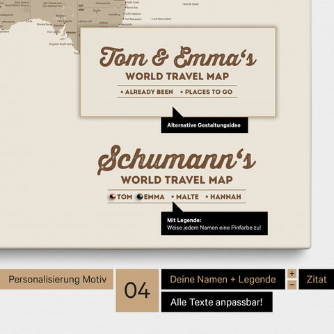 Pinnwand Leinwand einer Weltkarte in Desert Sand (Beige) mit Personalisierung als Logo mit Familiennamen und Legende