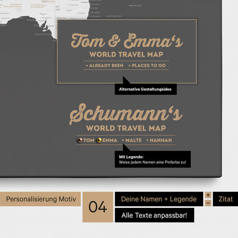 Pinnwand Leinwand einer Weltkarte in Dunkelgrau mit Personalisierung als Logo mit Familiennamen und Legende
