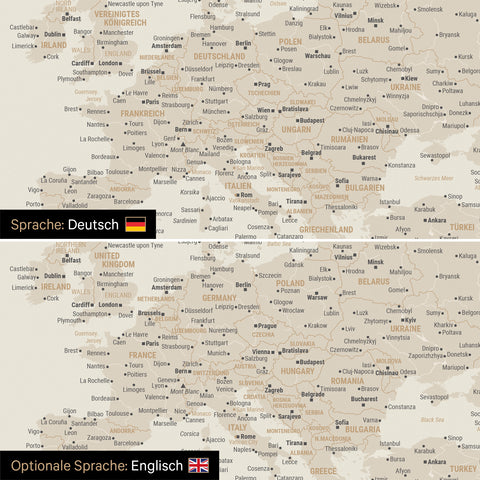 Vergleich einer Weltkarte Leinwand in Gold in deutscher oder optional in englischer Sprache