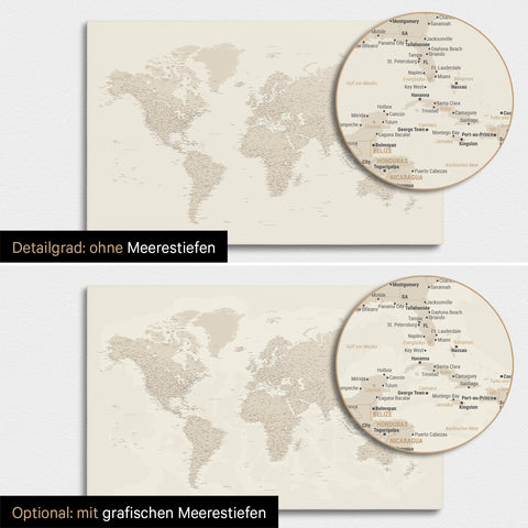 Weltkarte in Gold mit zweidimensionalen Meerestiefen