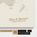 Weltkarte als Pinnwand Leinwand in Gold mit Personalisierung und Eindruck von deinen Namen