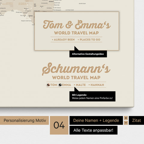 Pinnwand Leinwand einer Weltkarte in Gold mit Personalisierung als Logo mit Familiennamen und Legende