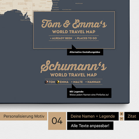 Pinnwand Leinwand einer Weltkarte in Hale Navy (Dunkelblau Gold) mit Personalisierung als Logo mit Familiennamen und Legende