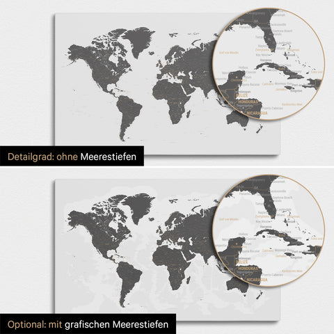 Weltkarte in Light Gray mit zweidimensionalen Meerestiefen