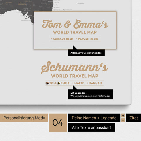 Pinnwand Leinwand einer Weltkarte in Light Gray mit Personalisierung als Logo mit Familiennamen und Legende